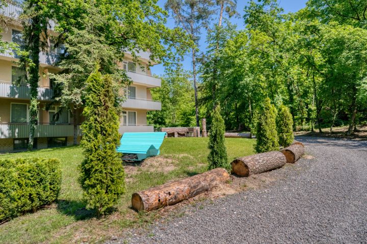 Gartenweg entlang des Hotelgebäudes und der Bäume