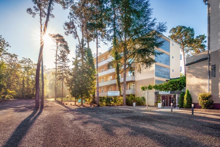 Waldhotel Mainz im Sonnenlicht, umgeben von hohen Bäumen